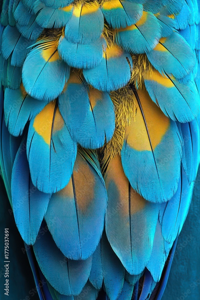 Obraz premium Close-up of bright blue and yellow feathers layered closely together with detailed texture and soft edges