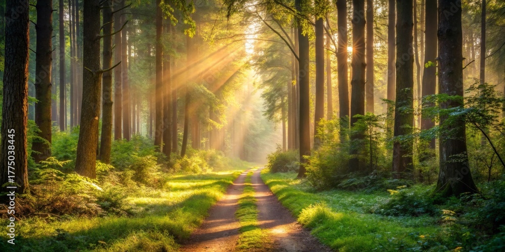 Naklejka premium Golden Sunlight Illuminates a Forest Path at Dawn, Creating a Magical and Serene Atmosphere