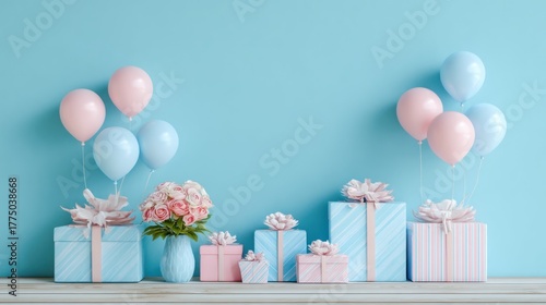 A blue and pink balloon arrangement with pink roses and gift boxes on a blue background.
