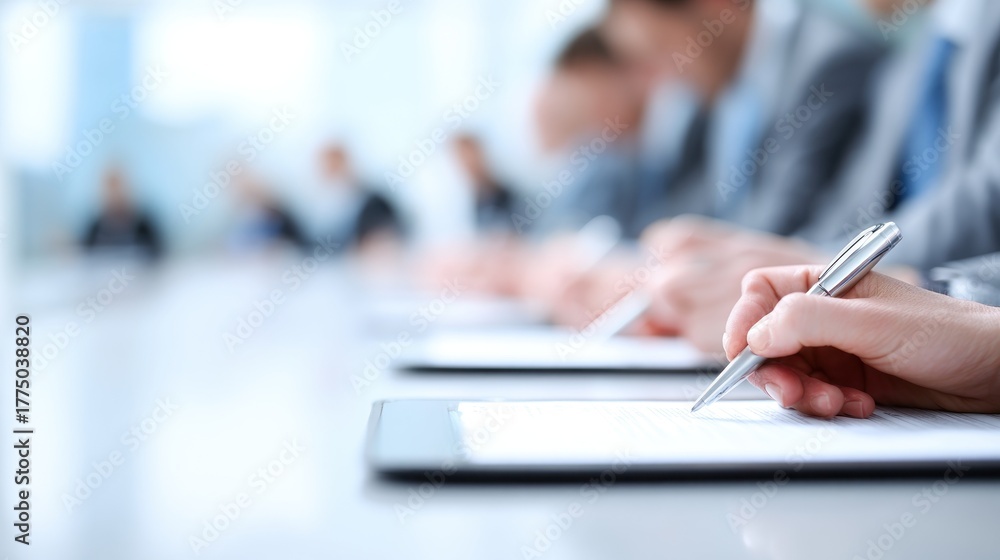 Fototapeta premium Business meeting in a conference room with people taking notes.