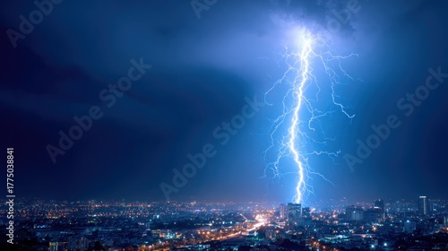 A dramatic lightning strike over a cityscape at night.