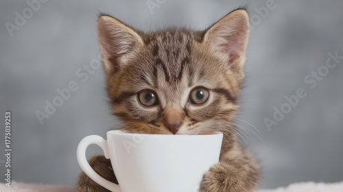 Curious Kitten Peeking Over White Cup