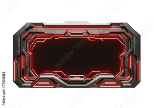 Futuristic sci fi digital display frame with red neon lights isolated on transparent background