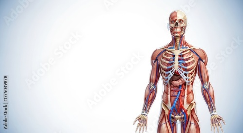 A human body with visible skin, muscles, bones, and internal organs, set against a white background.