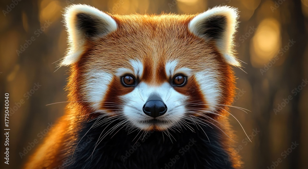 Fototapeta premium Close-up portrait of a red panda with distinctive reddish-brown fur and white facial markings against a softly blurred natural background