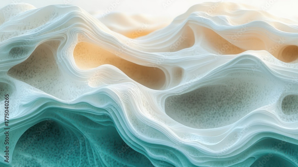 Obraz premium Delicate layered structure with soft gradients in pale blue and beige tones creating an abstract fluid landscape with smooth curves and textured surfaces