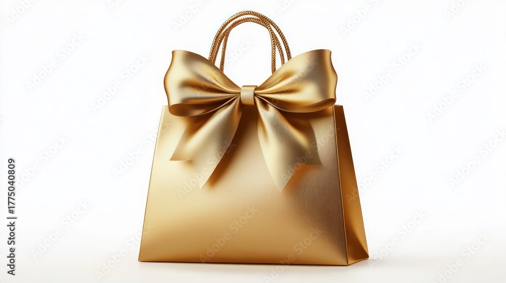 Obraz premium elegant golden gift bag with shiny large bow and braided handles on white background