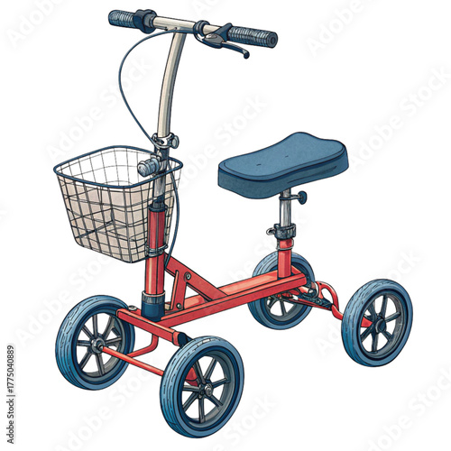 Red four-wheeled mobility scooter with basket and adjustable seat for easy transport and independence