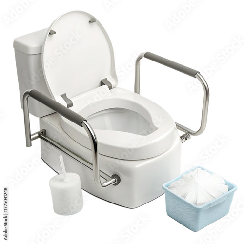 Elevate your bathroom with this essential toilet riser and grab bar system offering enhanced safety and independence for seniors and those with mobility challenges.