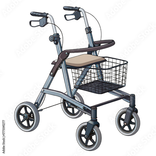 Modern four-wheeled walker with seat and basket offering mobility independence and convenience for seniors and those needing support
