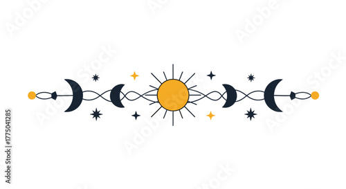Celestial divider with sun, moons, and stars in a whimsical, mystical design.