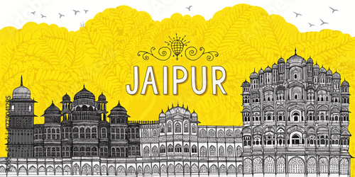 Jaipur India Skyline Drawing with Iconic Landmarks – Hawa Mahal, Amer Fort, City Palace, Jal Mahal | Minimalist Cultural Sketch for Rajasthan Tourism Prints