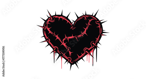 A black heart covered in sharp red thorns and dripping blood on a white background.