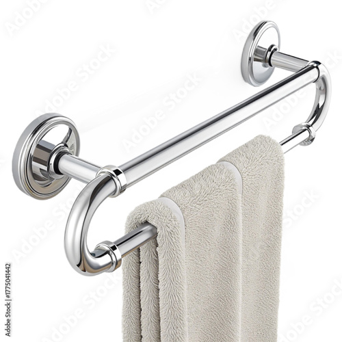Sleek chrome double towel bar with plush beige towels adds modern elegance and practicality to any bathroom space.