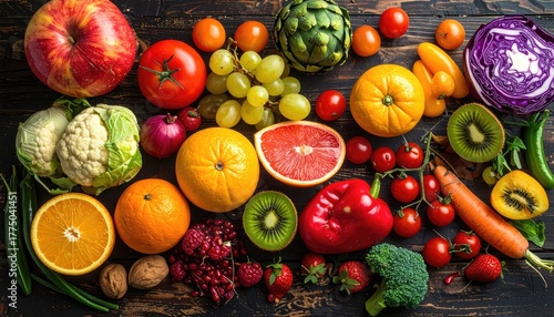 Wallpaper Mural A vibrant and diverse assortment of fresh fruits and vegetables arranged artfully on a rustic dark wooden background showcasing a spectrum of natural colors and textures Torontodigital.ca