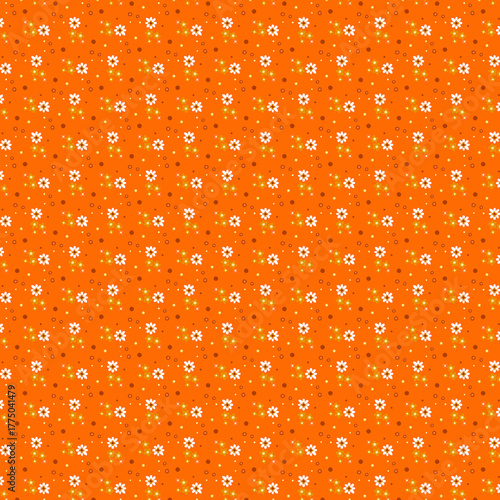 Country style tiny field flowers pattern Simple orange summer botanical background with white daisies Fabric print Digital, scrapbook, wrapping paper