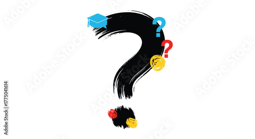 Abstract question mark with graduation cap and colorful question marks symbolizing education and uncertainty.
