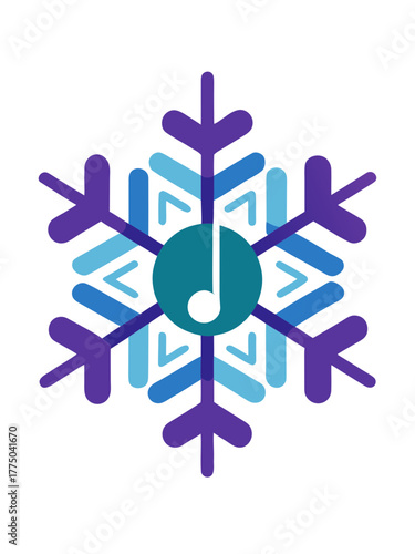 Musical snowflake icon with a note in the center on a black background