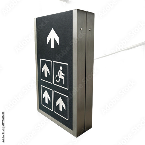 Modern directional signage with arrows and wheelchair accessibility icon guides movement in contemporary spaces