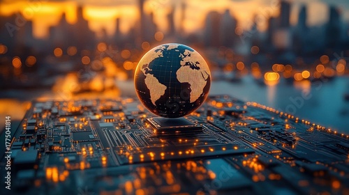Glowing digital globe displaying world map hovering over illuminated circuit board with city skyline blurred in background at sunset