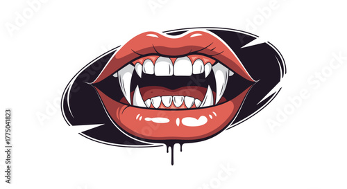 Stylized red lips with fangs open in a menacing grin against a dark oval backdrop.