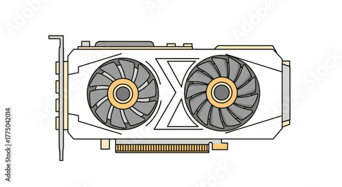 Illustration of a white computer graphics card with two fans and golden accents.