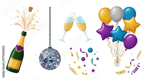 Flat lay of festive party icons including champagne bottle, disco ball, glasses, balloons, and confetti on a white background with colorful decorations.