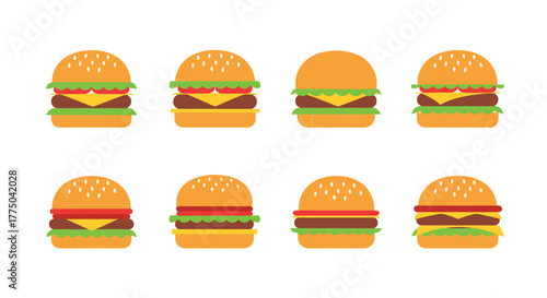 Collection of eight colorful flat illustrated hamburgers arranged in two rows on a white background.