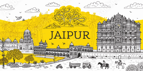 Jaipur Skyline Sketch with Hawa Mahal, Amer Fort, Jal Mahal, and City Palace | Cultural Rajasthan Line Art for Tourism, Travel Posters, Gifts, and Wall Decor