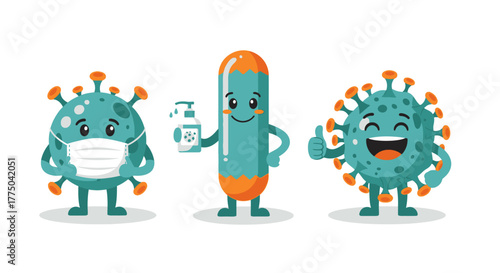 Three cartoon virus characters interacting on a plain white background with a playful mood.