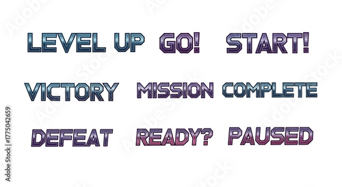 A collection of colorful video game-style text prompts on a white background, including 'LEVEL UP', 'VICTORY', 'DEFEAT', and 'MISSION COMPLETE'.