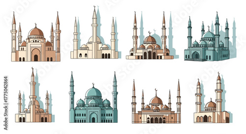 Collection of various mosque illustrations in different architectural styles and pastel colors on a white background.