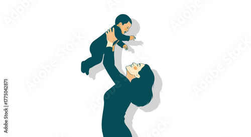 A dark green silhouette of a man lifting a child up in the air on a white background with simple shadows.
