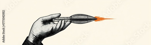 Hand holding a pen with rocket flames coming out from the tip symbolizing creative ideas taking off or innovation