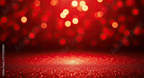 A festive red and gold glitter background with a spotlight effect.