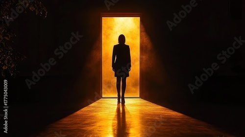 silhouette of a person standing in a doorway with bright orange light and mist creating a dramatic and mysterious atmosphere