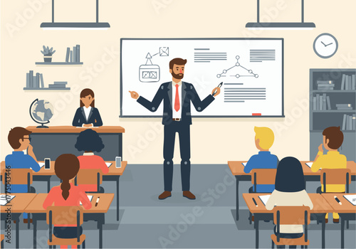 A male teacher explaining a diagram on a whiteboard to students in a classroom setting.