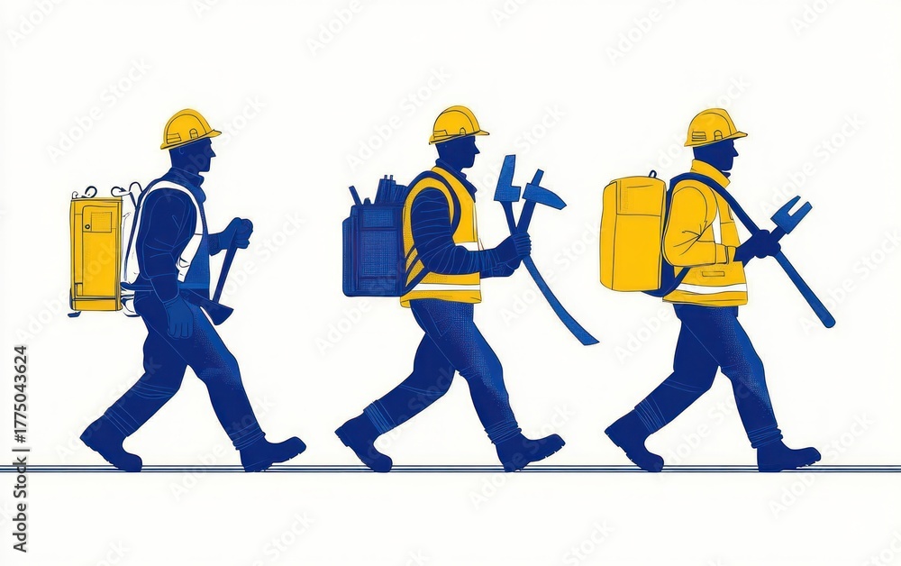 Obraz premium Illustration of three workers walking in safety helmets and vests carrying construction tools and backpacks, symbolizing teamwork and industry progress