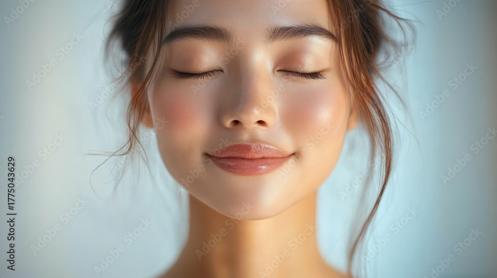 Naklejka premium Close-up portrait of a young woman with flawless glowing skin and closed eyes smiling peacefully against a soft light background