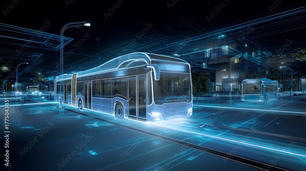 Fototapeta premium Intelligent electric public transport that analyzes routes and energy with AI systems
