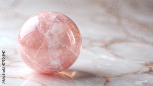 A Polished Pink Sphere of Quartz Resting on a Smooth, Light-Colored Surface with Subtle Veining