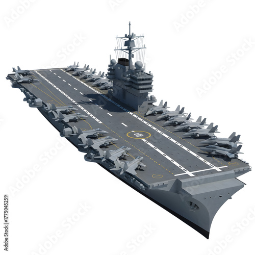 Modern Nimitz-class aircraft carrier loaded with fighter jets, realistic 3D render with isometric perspective, isolated on transparent background