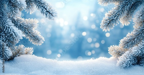 Close-up of snow-covered evergreen tree branches framing a soft snowy ground with a blurred wintery background and bright daylight creating a serene cold atmosphere