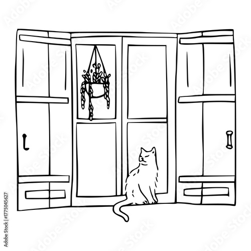 domestic cat relaxing on window sill sketch