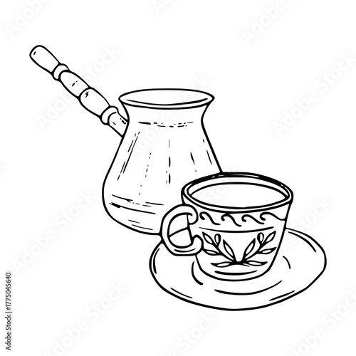traditional Cezve and coffee cup sketch