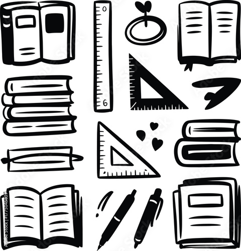 School supplies doodle art books ruler
