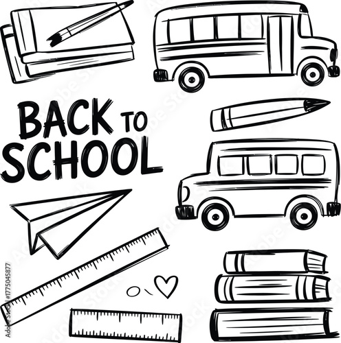 School Bus Books Paper Airplane Ruler Pencil vector