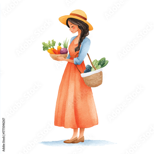 Woman in straw hat holding basket of fresh produce.