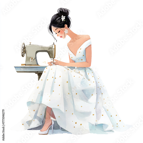 Woman in white dress sewing with a vintage machine.