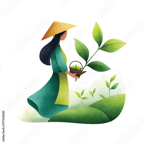 Woman in traditional attire harvesting tea leaves in a serene garden.
